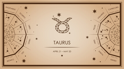Taurus, zodiac sign. Horoscopes, forecasts. Template and design of the website page, article, cover. Vector eps 10, in beige colors