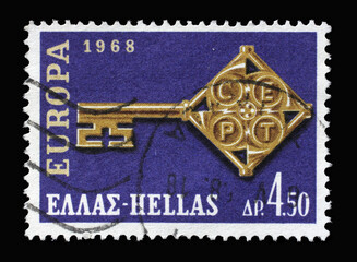Stamp printed in Greece shows EUROPA/CEPT Engraving on a Key, circa 1968