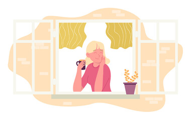 Young female in window with cup of coffee. Flat design illustration. Vector