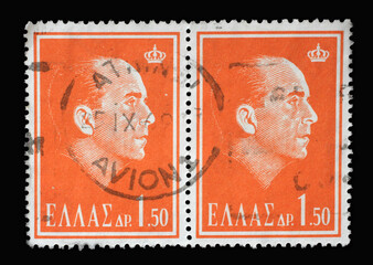 Stamp printed in Greece commemorating the death of King Paul I of Greece, circa 1964