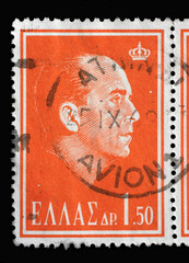 Stamp printed in Greece commemorating the death of King Paul I of Greece, circa 1964
