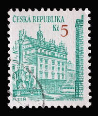 Stamp printed in Czech Republic shows renaissance town hall in Plzen, circa 1993