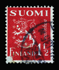 Stamp printed in the Finland shows Crowned Lion Rampant, Coat of Arms of the Republic of Finland, Hammarsten-Jansson Design, circa 1930