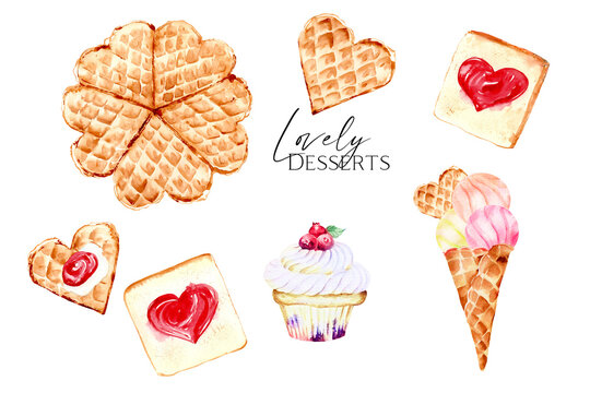 Watercolor sweet desserts. Heart sweets cookies, Cute love vaffel heart, Ice cream, cupcake, toast with heart for Valentine's day watercolor. 