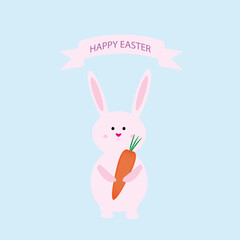 EASTER PINK BUNNY WITH A CARROT IN ITS PAWS ON A BLUE BACKGROUND