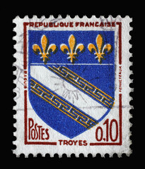 Stamp printed in the France shows Coat of arms of Troyes, circa 1963.