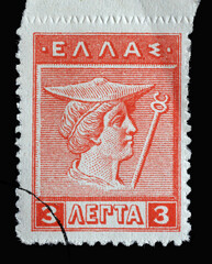 Stamp printed in Greece shows God Hermes, circa 1911