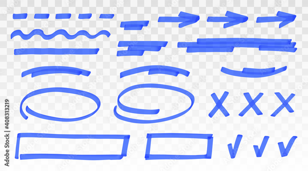 Fototapete blue highlighter set - lines, arrows, crosses, check, oval, rectangle isolated on transparent backgr