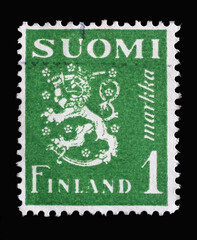 Stamp printed in the Finland shows Crowned Lion Rampant, Coat of Arms of the Republic of Finland,...