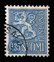 Stamp printed in the Finland shows Crowned Lion, Coat of Arms of the Republic of Finland, circa 1963