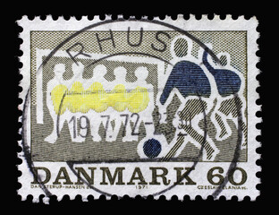 Stamp printed in Denmark shows soccer, circa 1971