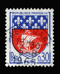 Stamp printed in the France shows Coat of arms of Paris, circa 1965.