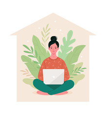 Home office concept. Vector flat style illustration of a young cartoon woman sitting with a laptop in a lotus position on a background of plants inside a house silhouette. Isolated on background