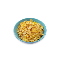 Original taste cereals or cornflakes in blue ceramic bowl isolated on white background with clipping path. The morning food for breakfast concept.