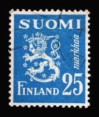 Stamp printed in the Finland shows Crowned Lion Rampant, Coat of Arms of the Republic of Finland, Hammarsten-Jansson Design, circa 1952