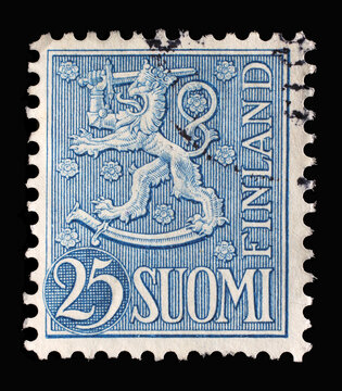 Stamp printed in the Finland shows Crowned Lion, Coat of Arms of the Republic of Finland, Hammarsten-Jansson Design, circa 1954