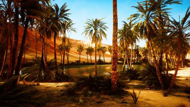 oasis with palm trees in desert