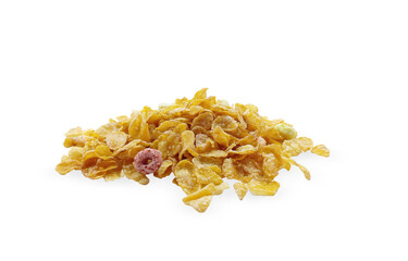 Pile of original taste cereals or cornflakes with some colorful loops shape sparsely isolated on white background with clipping path. The morning food for breakfast concept.