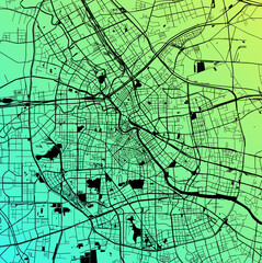 Tianjin, China (CHN) - Urban vector megacity map with parks, rail and roads, highways, minimalist town plan design poster, city center, downtown, transit network, gradient blueprint