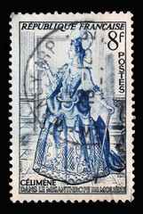 Stamp printed in the France shows image of Celimene from The Misanthrope by Jean Baptiste Poquelin Moliere, Actors series, circa 1953