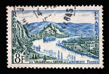 Stamp printed in the France shows Seine Valley, Les Andelys,     Tourism series, circa 1954