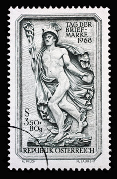 Stamp printed in Austria shows facade relief "Messenger of the Gods", Purkersdorf Vienna, circa 1968.