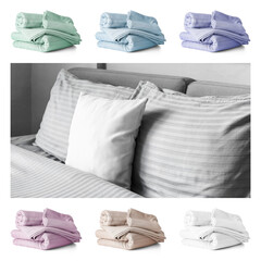 Stack of clean bed sheets on white background