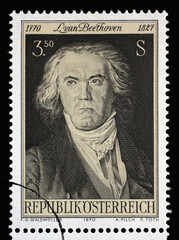 Stamp printed in the Austria shows Ludwig van Beethoven, Composer and Pianist, Painting by Georg Waldmuller, circa 1970