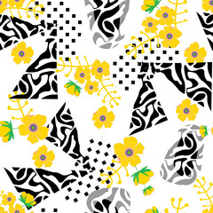 Modern abstract simple yellow  flowers and black and white  geometric shapes endless wallpaper.Vector floral seamless pattern.Botanical background.Trendy fabric design,wrapping paper,textile,cover.