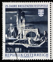 Stamp printed in the Austria shows Bregenz Festival Stage, 25th Anniversary of Bregenz Festival,...