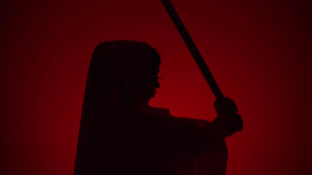 Silhouette of japanese woman shadow fighter with katana swords performs show in the dark mystic red background. Asian epic battle training. Cinematic slow motion movements