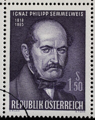 Stamp issued in Austria shows Ignaz Philipp Semmelweis - Hungarian physician, now known as an early pioneer of antiseptic procedures, circa 1965