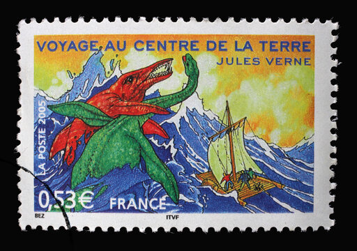 Stamp printed in the France shows an image of Journey to the Center of the Earth, a novel by Jules Verne, Jules Verne stories series, circa 2005
