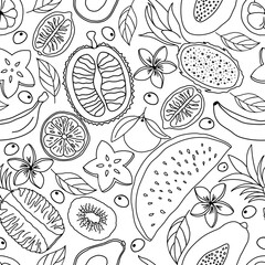 Doodle background graphics tropical fruits lines hands drawing pattern 