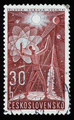 Stamp printed in Czechoslovakia shows man conquering space, Space Research series, circa 1962
