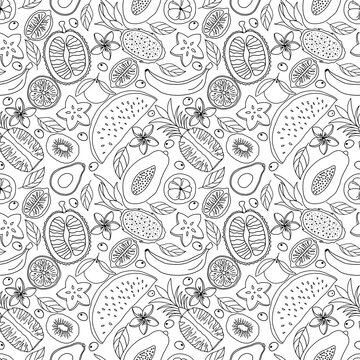Doodle background graphics tropical fruits lines hands drawing pattern 