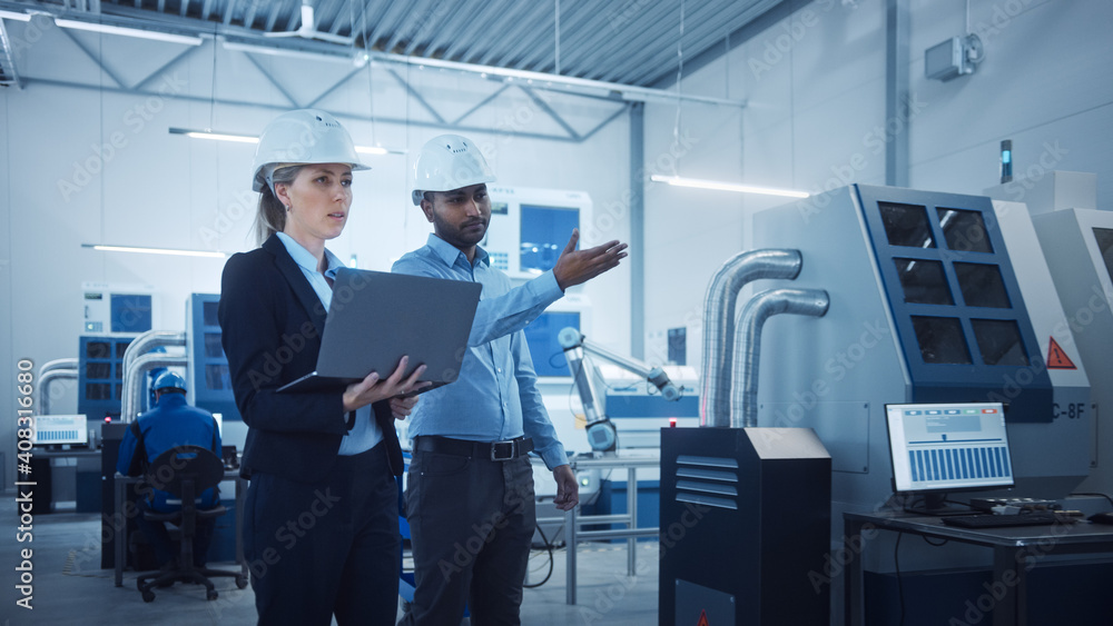 Poster modern factory with professional workers, engineers, managers working on production line, workshop m