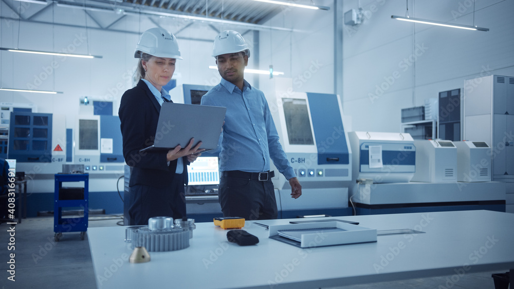 Poster modern factory with professional workers, engineers, managers working on production line, workshop m