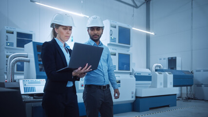 Female Chief Engineer and Male Project Manager Walk Through Modern Factory, Talking and Planning Optimization of the Production. Industrial Facility: Professionals Working on CNC Machinery, robot arm