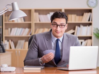 Businessman gambling playing cards at work