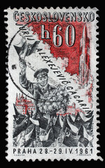 Stamp printed in Czechoslovakia shows Yuri Gagarin, the series Yuri Gagarin's Visit to Prague, circa 1961