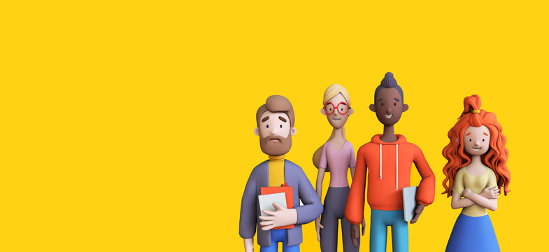 Group of diverse business people on a yellow background template. Business teamwork concept. Trendy 3d illustration