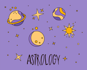 Flat style solar system illustration. Poster for planetarium and study of astronomy. Astrological forecast, horoscope, planets, stars, zodiac signs, icons for astrologer, occultism, prediction