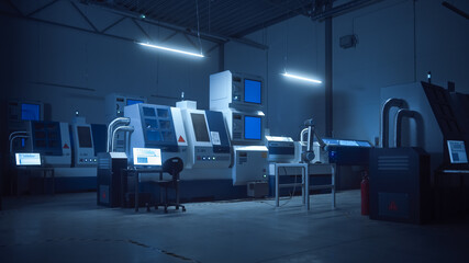 High-Tech Automated Modern Facility working with Artifical Intelligence. Contemporary CNC...