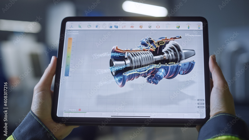 Aufkleber Industry 4.0 Factory: Chief Engineer and Project Supervisor Holds Digital Tablet Computer. Screen Shows 3D Concept of New Jet Engine. Workshop with Technologically Advanced Machinery.
