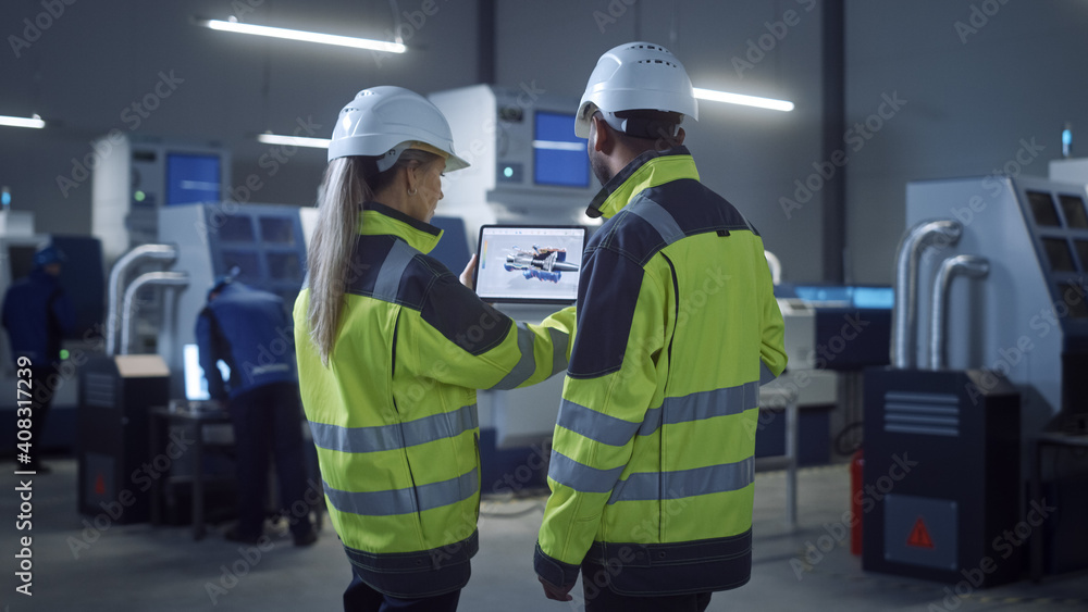 Poster industry 4.0 factory: chief engineer and project supervisor in safety vests and hard hats, talk, use