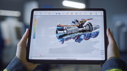 Industry 4.0 Factory: Chief Engineer and Project Supervisor Holds Digital Tablet Computer. Screen Shows 3D Concept of New Jet Engine. Workshop with Technologically Advanced Machinery.