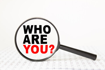 words WHO ARE YOU in a magnifying glass on a white background. business concept