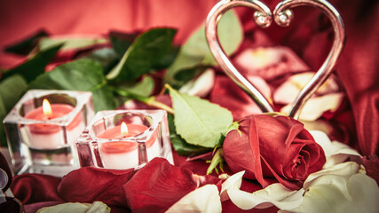two candles and a red rose on a background of rose petals