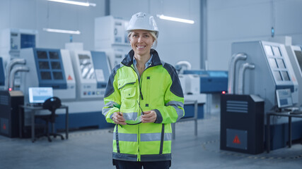 Beautiful Smiling Female Engineer Wearing Safety Vest and Hardhat Holds Safety Goggles. Professional Woman Working in the Modern Manufacturing Factory. Facility with CNC Machinery and robot arm